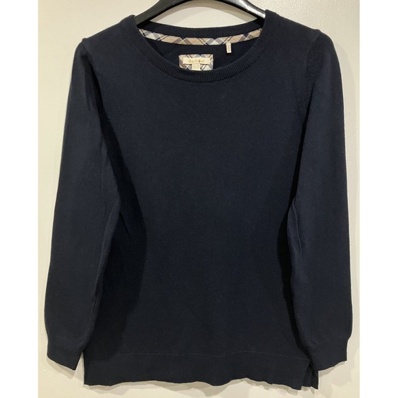 Barbour‎ Sweater Womens Large Navy Blue Knit Wool Cotton Nova Check Elbow Patch - Picture 1 of 11